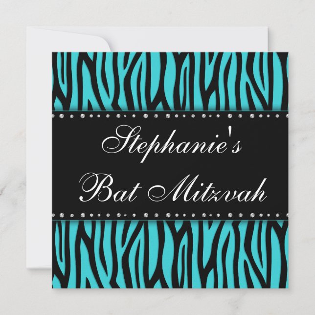 Teal Blue Zebra Printed Diamonds Bat Mitzvah Invitation (Front)