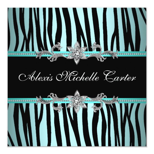 Teal Blue Zebra Sweet Sixteen Birthday Party Card