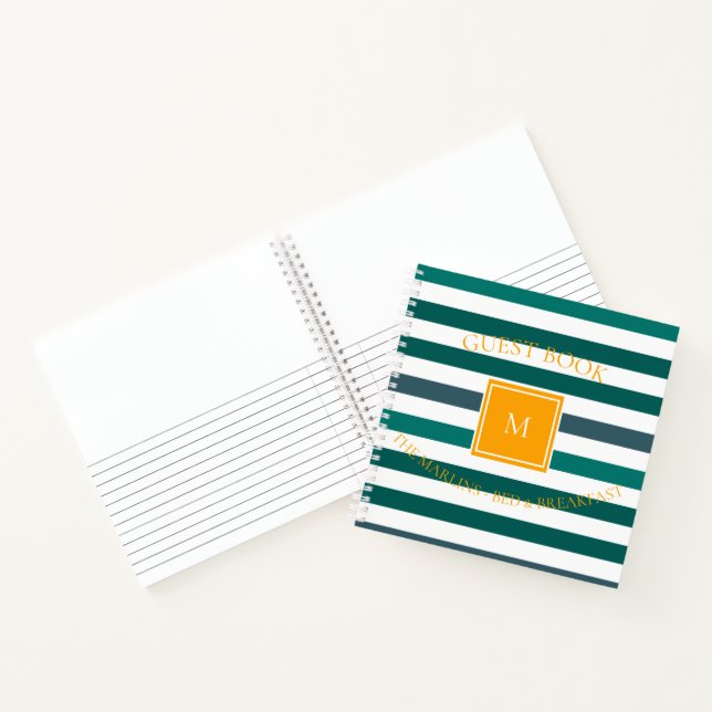 Teal Blues White Striped Monogram B & B Guest Book (Inside)