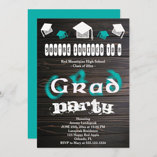 Teal Blurry Text for Graduation House Party Invitation (Front/Back)