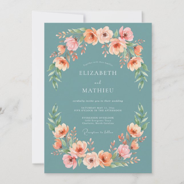 Teal Blush Bloom Garland Wedding Invitation (Front)