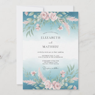 Teal Blush Floral Arrangement Wedding Invitation
