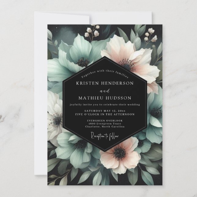 Teal Blush Midnight Bloom Wedding Invitation (Front)