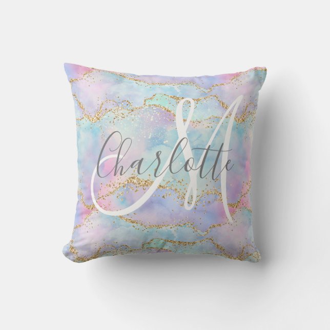 Teal blush pink gold glitter agate monogram  cushion (Front)