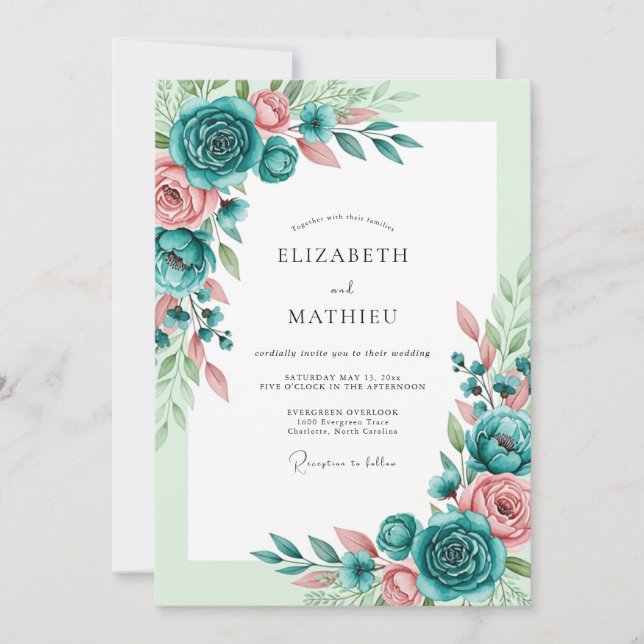 Teal Blush Romantic Spring Wedding Invitation (Front)