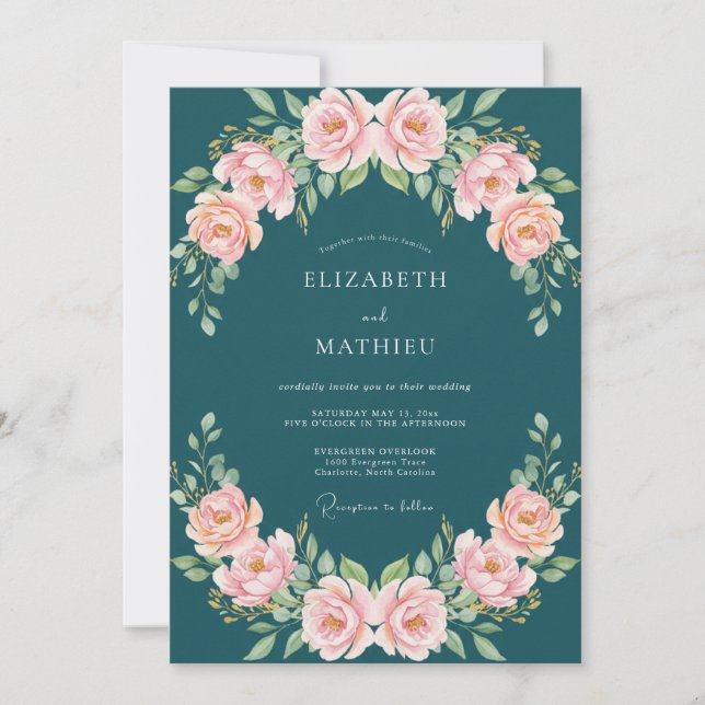 Teal Blush Rose Blossom Wedding Invitation (Front)