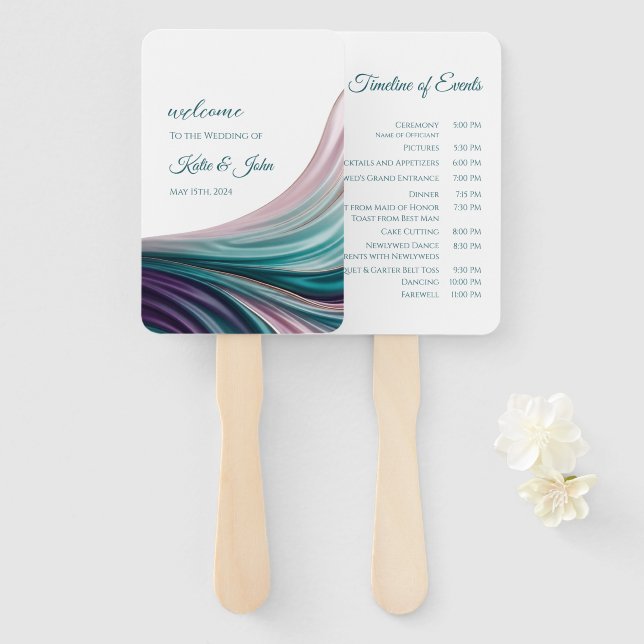Teal & Blush Silk Wedding Program Hand Fan (Front and Back)