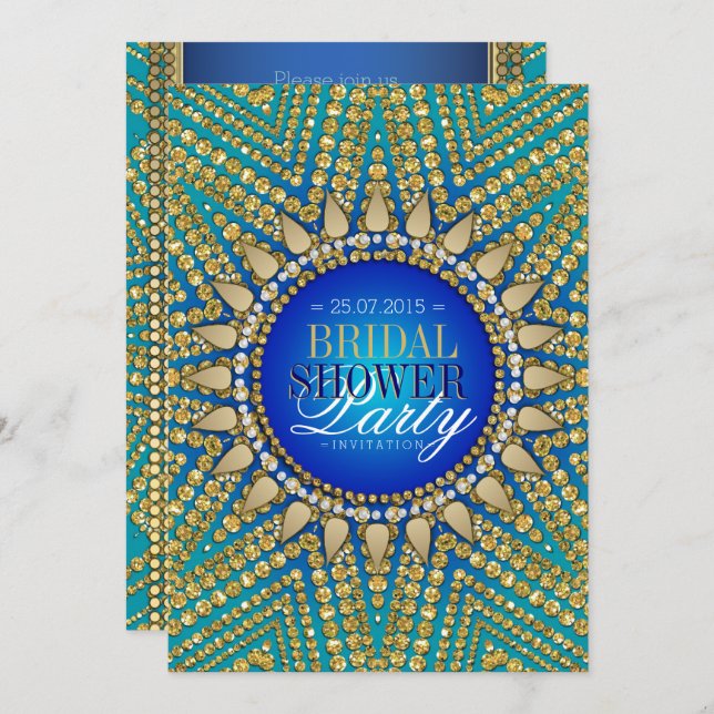 Teal Bohemian Jewels Gold Pearls Bridal Showerer Invitation (Front/Back)