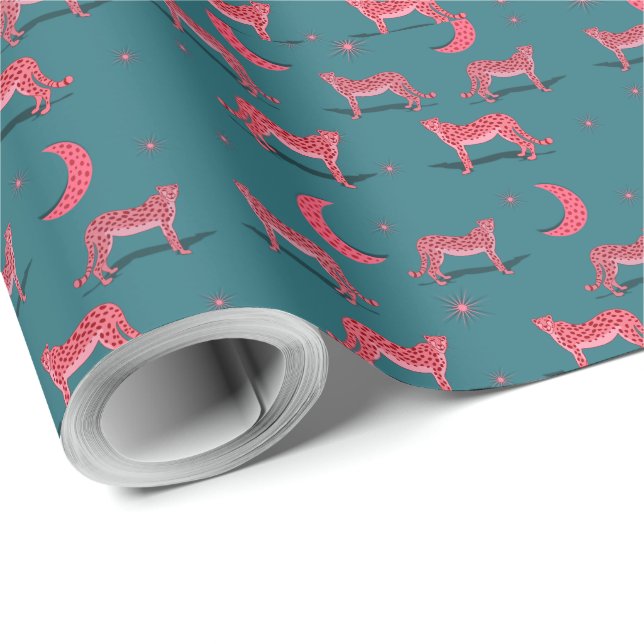 Teal Boho Cheetah and Pink Moon Wrapping Paper (Roll Corner)