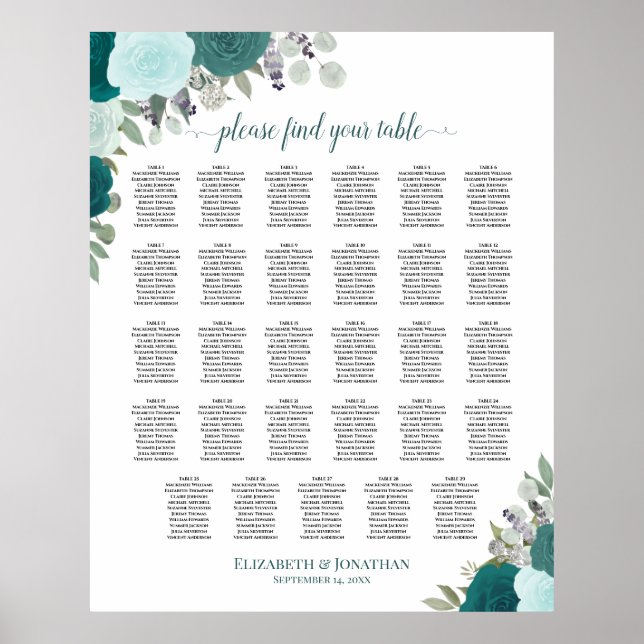 Teal Boho Floral 29 Table Wedding Seating Chart (Front)