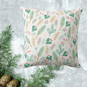 Teal Boho Pine Needle Leaf Berry Holiday Cushion