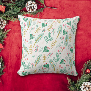 Teal Boho Pine Needle Leaf Berry Holiday Cushion