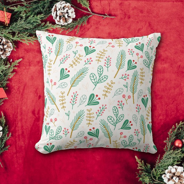 Teal Boho Pine Needle Leaf Berry Holiday Cushion (Creator Uploaded)