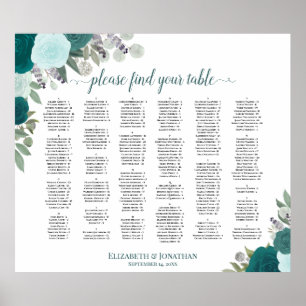 Teal Boho Roses Alphabetical Wedding Seating Chart