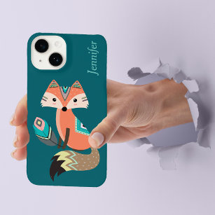 Teal Boho Tribal Fox with Feather iPhone 14 Case