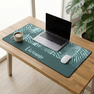 Teal Boho Tropical Leaf Custom Name Monogram Desk Mat