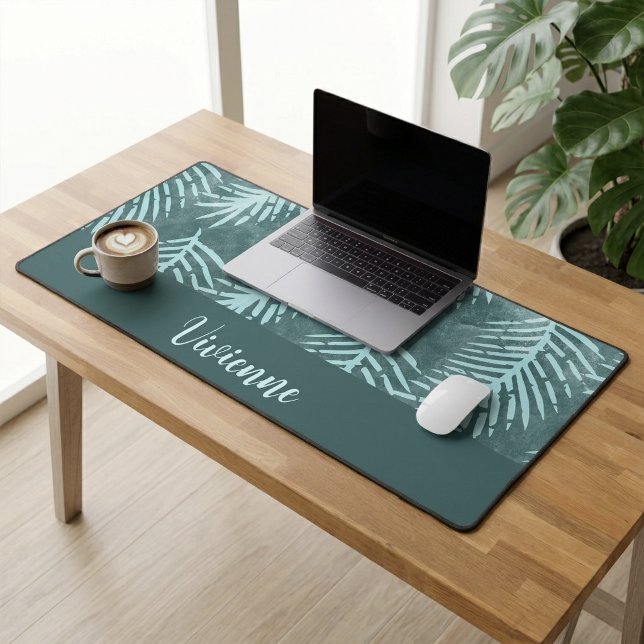 Teal Boho Tropical Leaf Custom Name Monogram Desk Mat (Teal Boho Tropical Leaf Custom Name Monogram Desk Mat)
