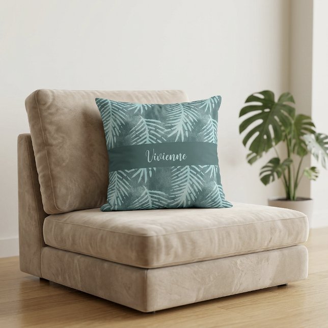 Teal Boho Watercolor Tropical Leaf Monogram Name Cushion (Teal Boho Watercolor Tropical Leaf Monogram Name Throw Pillow)