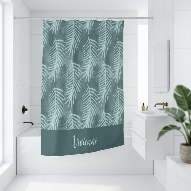 Teal Boho Watercolor Tropical Leaf Monogram Shower Curtain (Teal Boho Watercolor Tropical Leaf Monogram Shower Curtain)