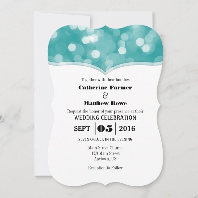 Teal Bokeh Glitter Lights Wedding Invites (Front)