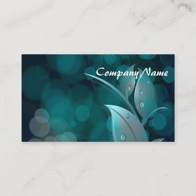 Teal Bokeh Leaves Business Card (Front)