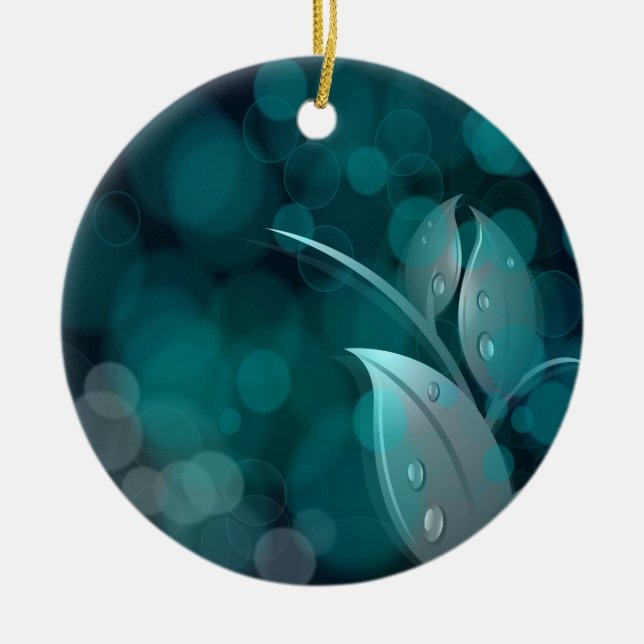 Teal Bokeh Leaves Ceramic Tree Decoration (Front)