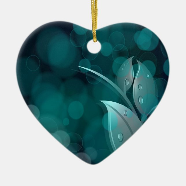 Teal Bokeh Leaves Ceramic Tree Decoration (Front)