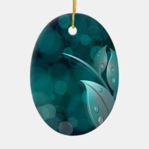 Teal Bokeh Leaves Ceramic Tree Decoration