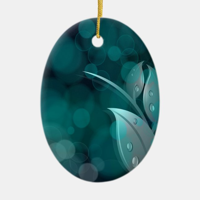 Teal Bokeh Leaves Ceramic Tree Decoration (Front)
