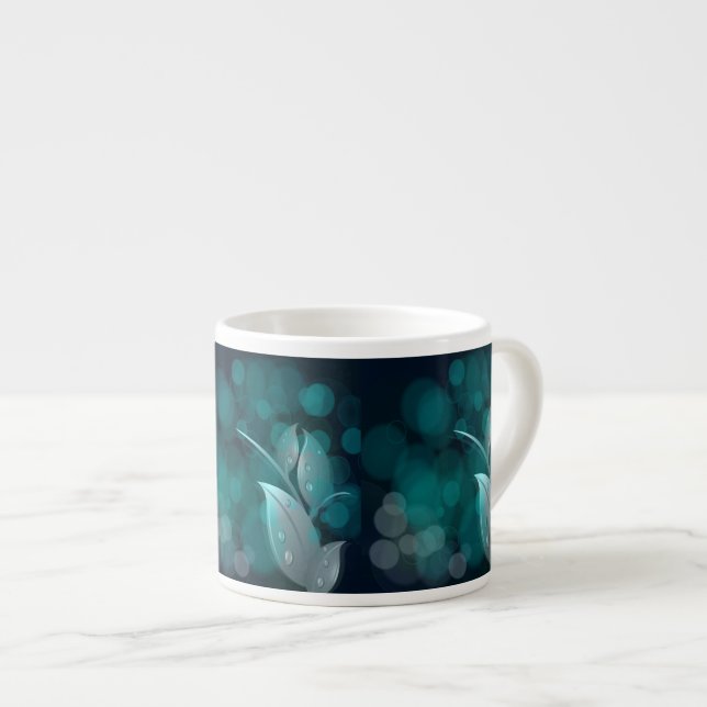 Teal Bokeh Leaves Espresso Cup (Front Right)