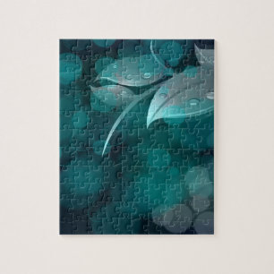Teal Bokeh Leaves Jigsaw Puzzle