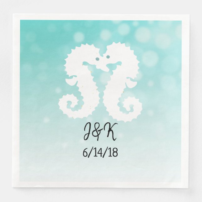 Teal Bokeh Seahorses Kissing Wedding Napkins (Front)