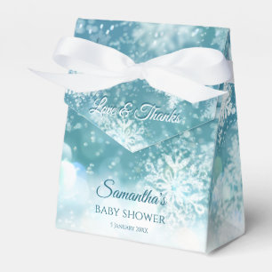 Teal bokeh snowflakes snow winter baby shower favour box