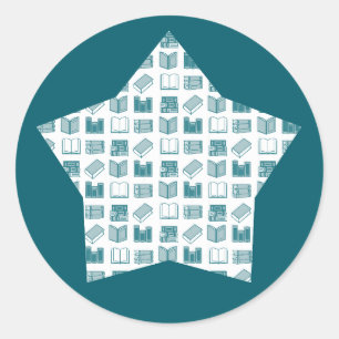 Teal Book Reading and Writing Pattern on Star Classic Round Sticker