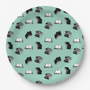 Teal Bookish Bibliophile Librarian Book Pattern Paper Plate