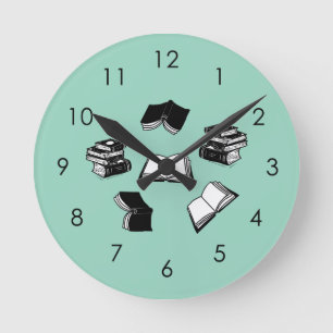 Teal Bookish Bibliophile Librarian Book Pattern Round Clock