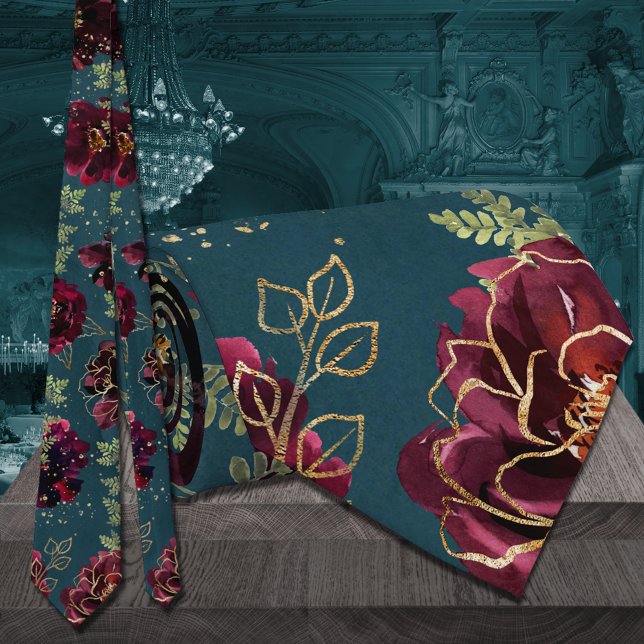 Teal Bordeaux Jewel Tone Gold Wedding Tie (Teal Bordeaux Jewel Tone Wedding 2 Neck Tie)