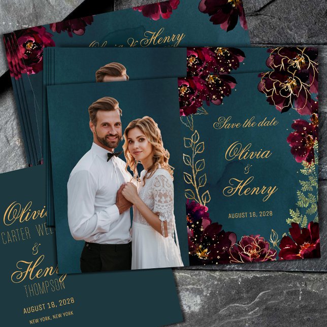 Teal Bordeaux Jewel Tone Photo Save The Date 2 Invitation (Creator Uploaded)