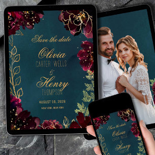 Teal Bordeaux Jewel Tone Photo Save The Date 3 Invitation