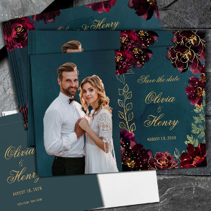 Teal Bordeaux Jewel Tone Photo Save The Date Invitation