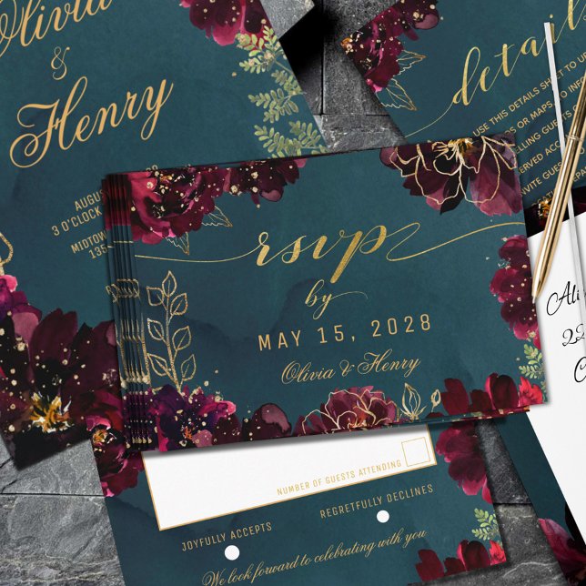 Teal Bordeaux Jewel Tone Wedding No Meal Choice RSVP Card (Creator Uploaded)