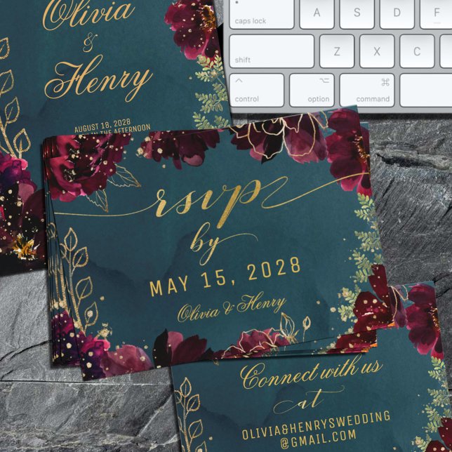 Teal Bordeaux Jewel Tone Wedding RSVP Online Card (Creator Uploaded)