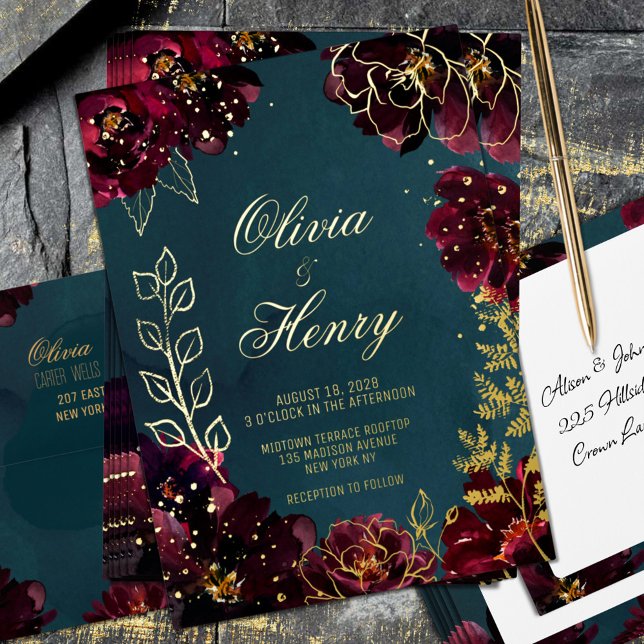 Teal Bordeaux Jewel Tones Surnames Wedding Gold (Teal Bordeaux Jewel Tones Shimmering Gold Foil Wedding Invitation: Matching envelope sold separately)