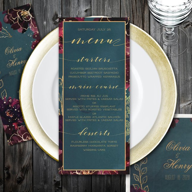 Teal Bordeaux Jewel Tones Wedding Gold Menu (Teal Bordeaux Jewel Tones Wedding Gold Menu)