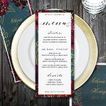 Teal Bordeaux Jewel Tones Wedding Menu<br><div class="desc">A teal blue jewel tone wedding dinner menu featuring a symphony of deep bordeaux raspberry red peonies embellished with gold spray and shimmering gold outlines gather around a deep teal blue watercolor wash background with your names in a gold rustic script.</div>