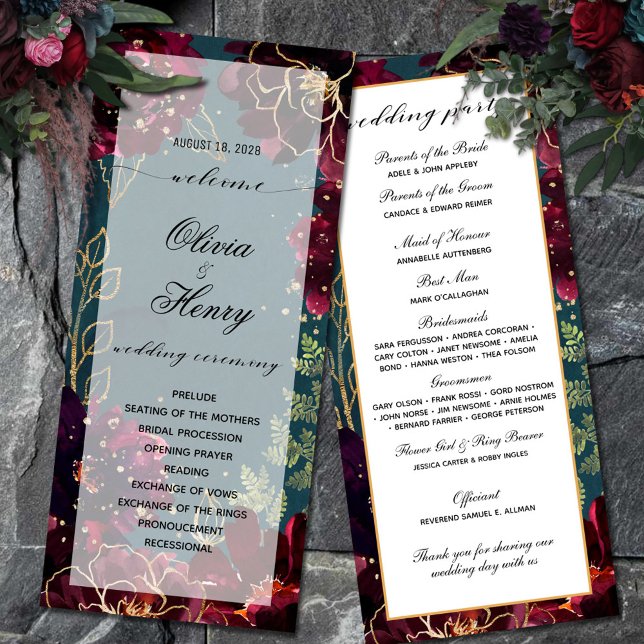 Teal Bordeaux Jewel Tones Wedding Program (Teal Bordeaux Jewel Tone Wedding Program double-sided)