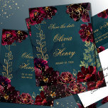 Teal Bordeaux Jewel Tones Wedding Save The Date Invitation<br><div class="desc">A teal blue jewel tone wedding Save-The-Date invitation featuring a symphony of deep bordeaux raspberry red peonies adorned with gold spray and shimmering gold outlines gather around a deep teal blue watercolor wash background with your names in gold rustic script and a small uppercase non serif font announcing your details....</div>