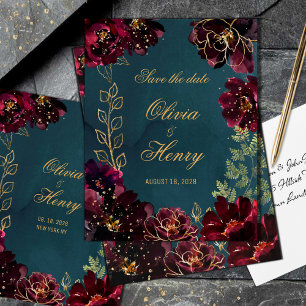 Teal Bordeaux Jewel Tones Wedding Save The Date Invitation