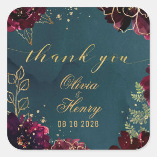 Teal Bordeaux Jewel Tones Wedding Thank You 2 Square Sticker