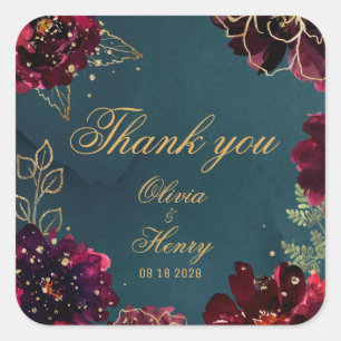 Teal Bordeaux Jewel Tones Wedding Thank You Square Sticker